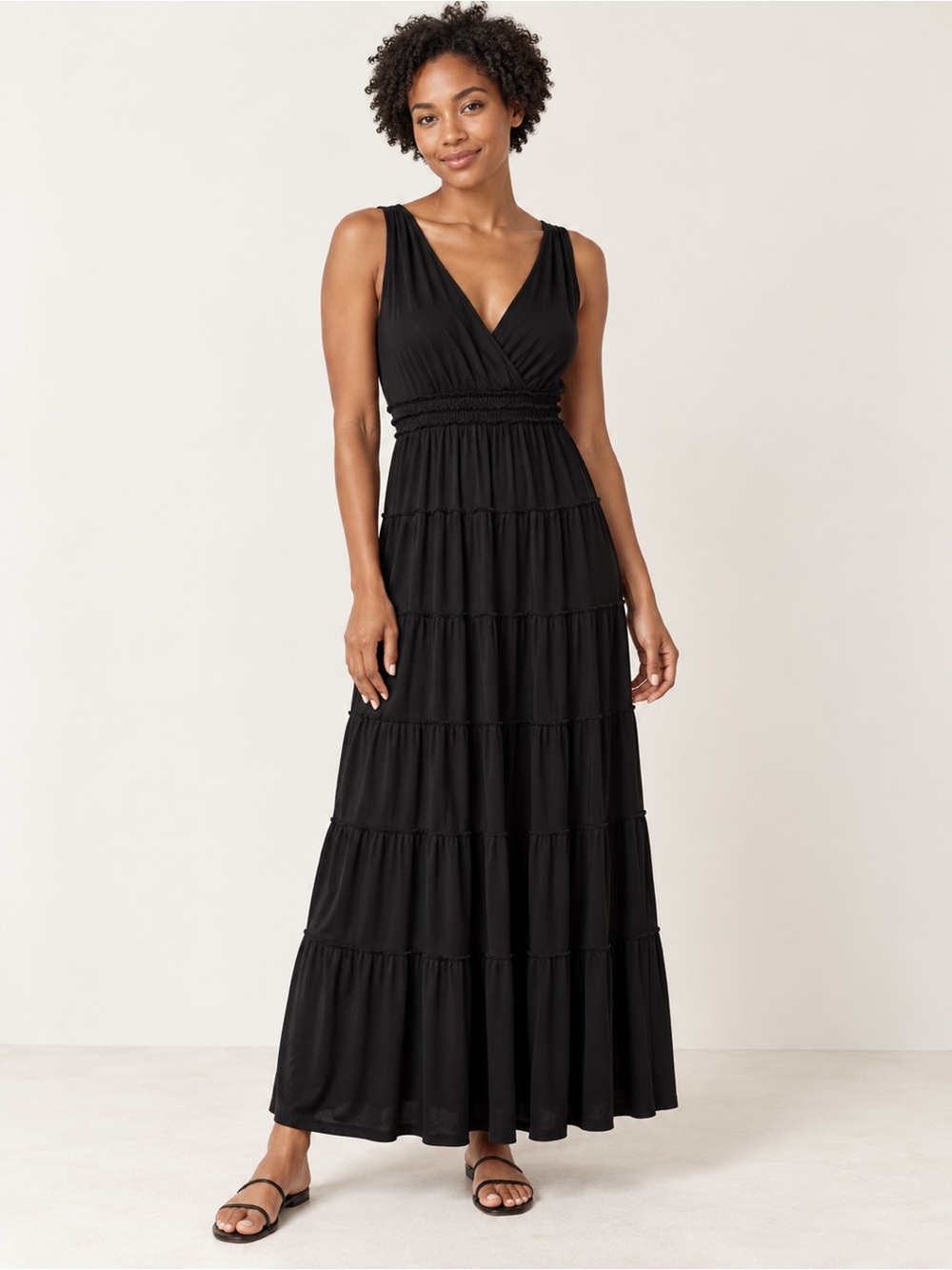 Max Studio Black Sleeveless V-Neck Tiered Maxi Dress